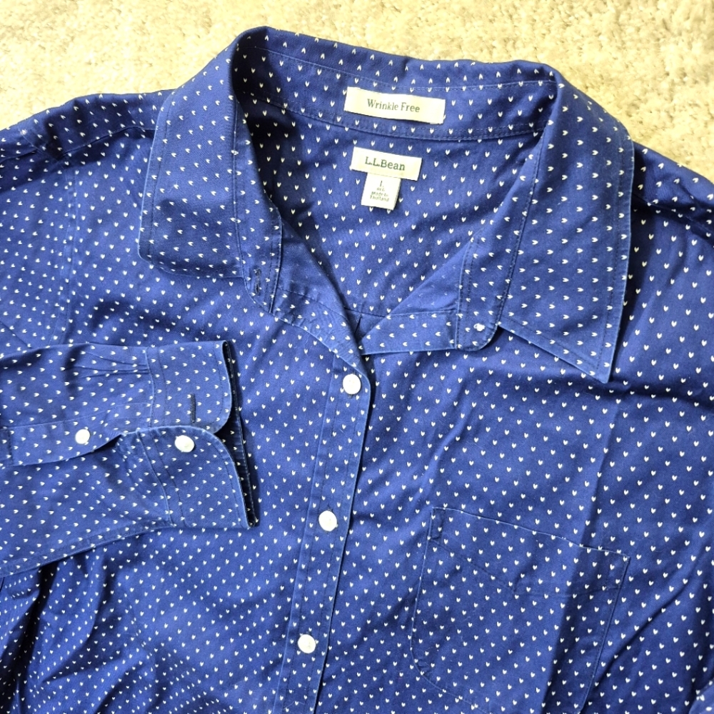 LL Bean Shirt Womens Large Blue Birds Eye Button Up Long Sleeve Classic Mature
